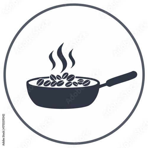 Coffee beans roasting in a pan icon with steam inside circle frame, for food and beverage illustration