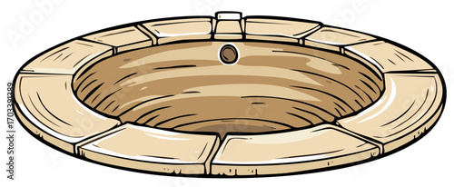 Empty stone well illustration with beige blocks and brown interior and small dark drain hole