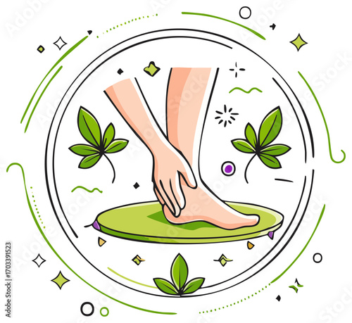 Foot care concept with hand applying herbal hemp cream for pain relief and wellness illustration