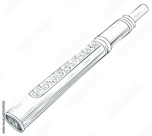 Detailed sketch illustration of a bamboo flute musical instrument, isolated on white