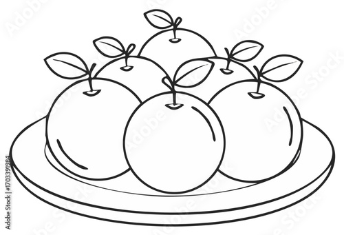 Line drawing of citrus fruits oranges on a plate