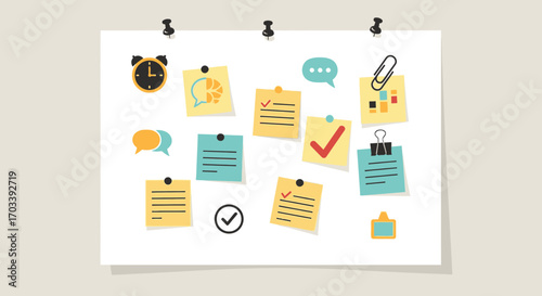 Illustration of a bulletin board with colorful sticky notes, icons, and push pins, representing reminders and organization.