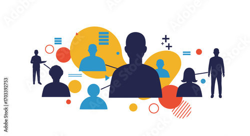 Illustration depicting a network of interconnected people, represented by silhouettes and icons, against a vibrant abstract background.