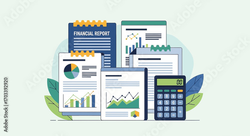 Illustration of financial reports, charts, and a calculator, representing business analysis and data visualization on a light green background.