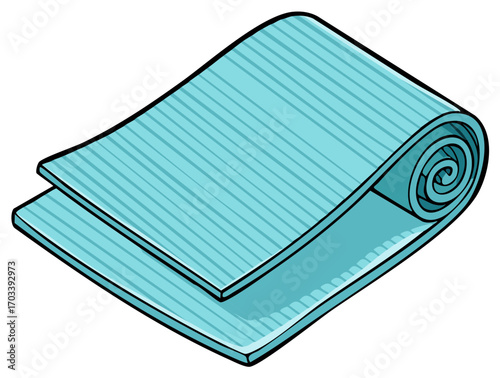 Cartoon illustration of a light blue yoga mat partially rolled for exercise and wellness