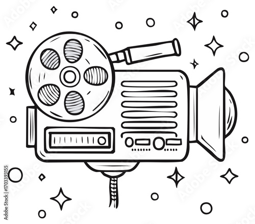 Vintage Film Projector with Reel and Spotlight, Hand-Drawn Illustration
