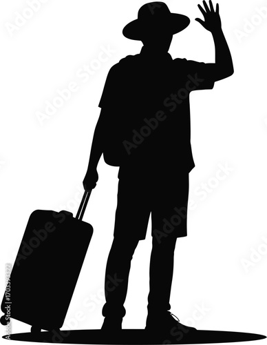 Traveler waving hello with suitcase silhouette person