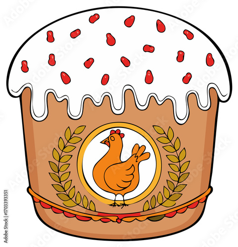 Sweet Easter bread adorned with white icing and red decorations, featuring a cheerful chicken emblem