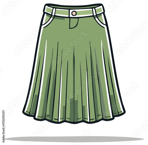 Illustration of a pleated green skirt with pockets and a button for fashion design.
