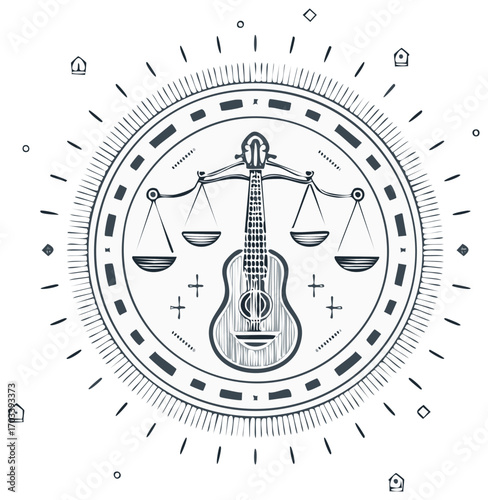 Conceptual design combining justice scales and a musical guitar in a harmonious round illustration