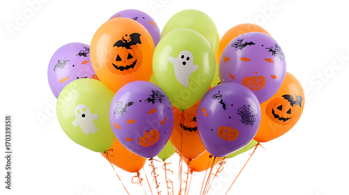 Halloween balloons with jackolantern and ghost designs isolated on transparent background