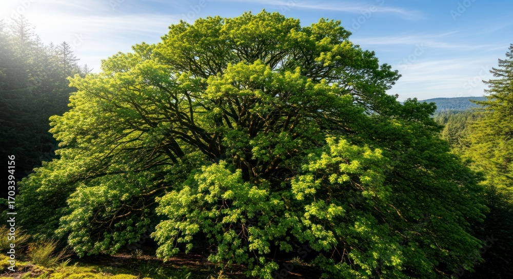 Obraz premium Majestic Sprawling Tree with Luminous Green Leaves Bathed in Morning Sun Flare
