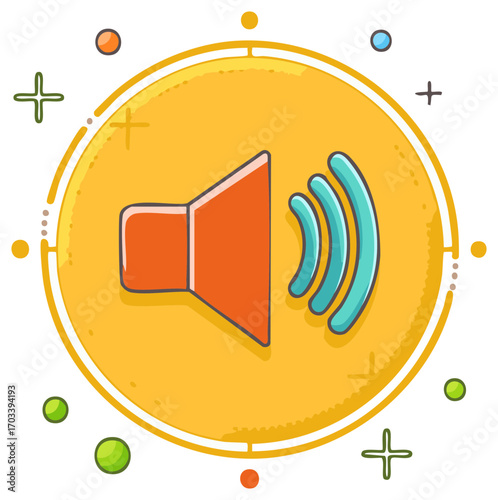 Stylized speaker icon with sound waves and decorative elements on a white background