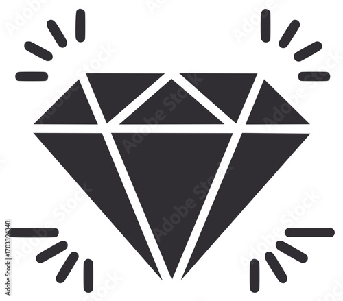 Shining Diamond Icon Featuring Faceted Gemstone and Rays of Light in a Flat Vector Design