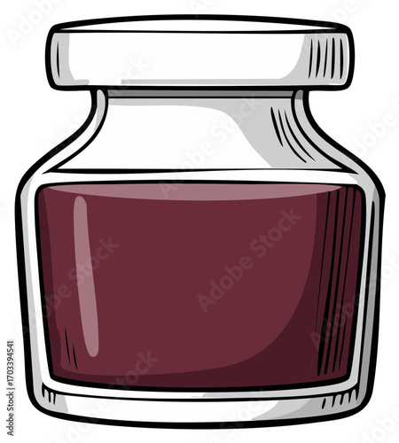 Hand Drawn Glass Jar Filled with Dark Red Liquid and White Lid