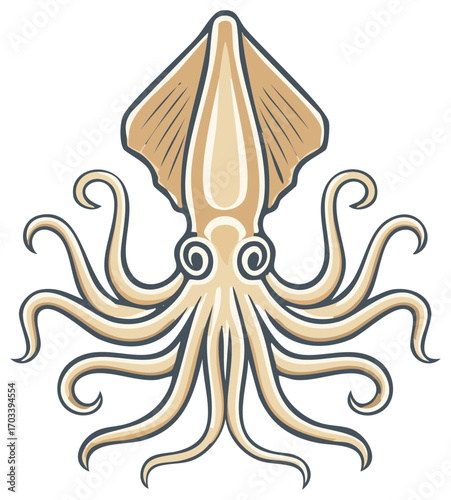 Stylized Squid Illustration with Tentacles in Neutral Tones for Seafood or Nautical Theme