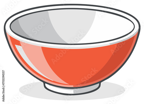 Illustration of a Red Ceramic Bowl with White Interior and Footed Base for Cereal or Soup