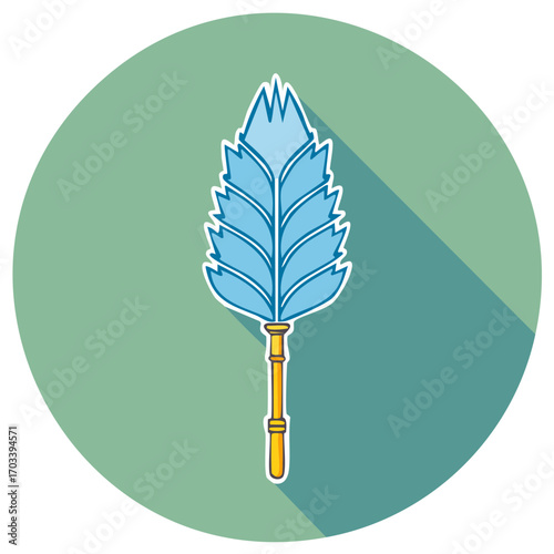 Illustration of a blue feather duster with a wooden handle on a green background