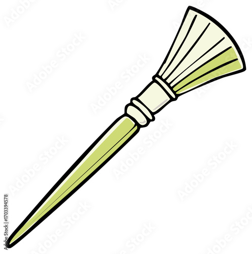 Cartoon illustration of a pale yellow makeup brush with a thin handle and a fanned brush head.