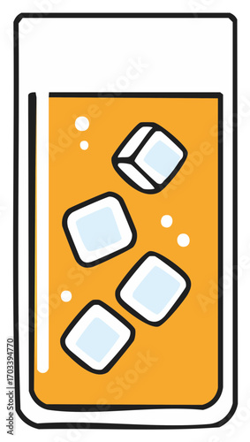 Refreshing glass of cold orange drink with ice cubes and small bubbles, simple cartoon illustration