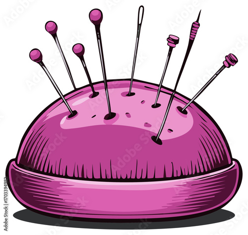 Illustrated pink pincushion with sewing needles and pins for crafting
