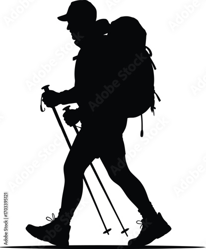 Silhouette hiker with backpack and poles trekking poles