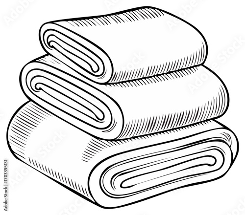 A black and white line art illustration of a stack of folded towels
