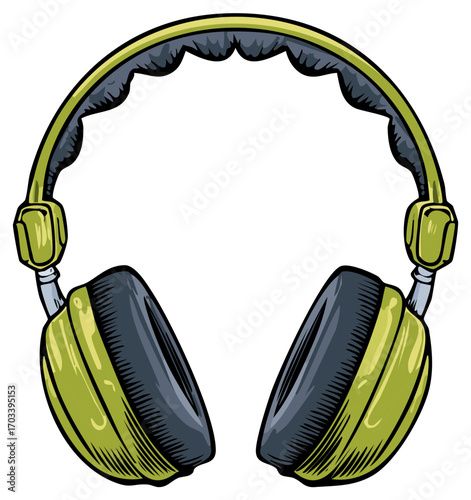 Stylized Green Headphones Artwork for Music Enjoyment and Audio Entertainment, Earphones in Cartoon Design