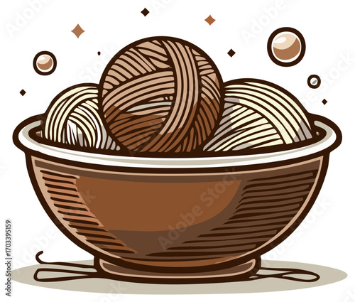 Illustration of a bowl filled with brown and cream yarn balls for knitting and crochet hobbies