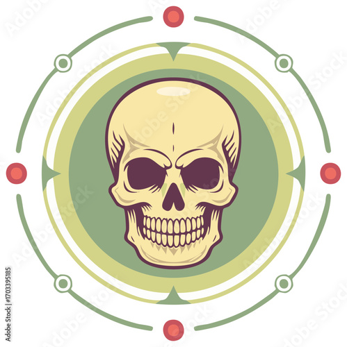 Human Skull in a Decorative Circular Emblem with Geometric Elements, Illustration, Danger, Death Symbol