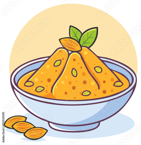 Traditional Indian Sweet Halwa Dessert with Almonds and Pistachios in a Bowl