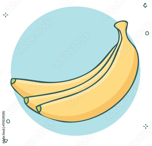 A bunch of three ripe yellow bananas with green tips against a light blue circular background with subtle decorative elements