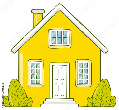 A charming yellow cartoon house with a chimney and green bushes illustration