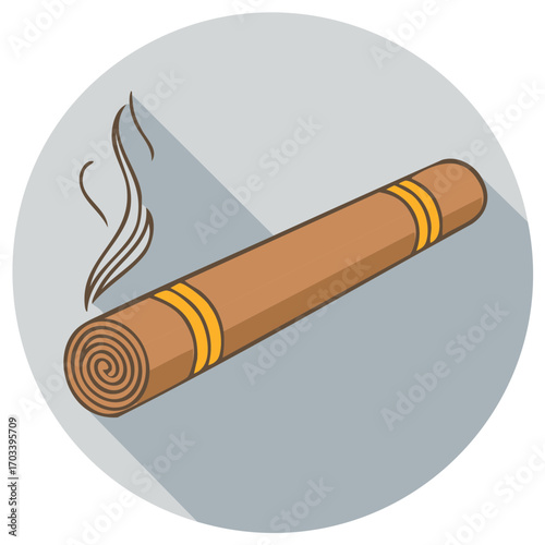 Lit Cigar Flat Design Icon with Rising Smoke and Yellow Bands