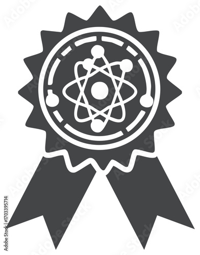 Scientific award ribbon with atomic symbol and starburst emblem for achievement