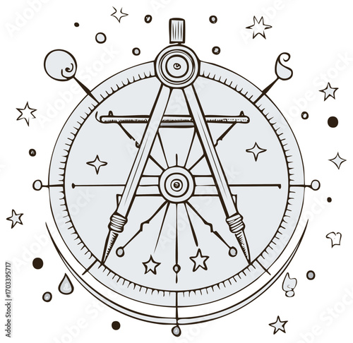 Mystical illustration of a compass with stars, moon, and decorative elements