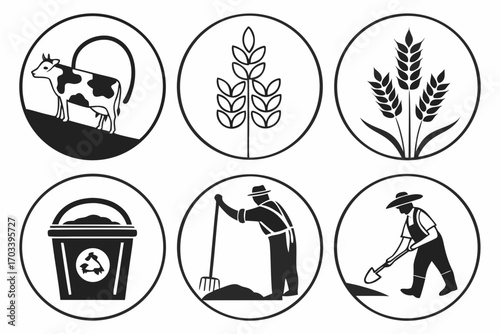 Agricultural Icons Set Farming Livestock and Harvest.