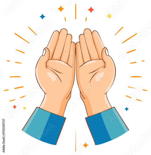 Two hands open in offering illustration, hands catching or giving something with colorful lights