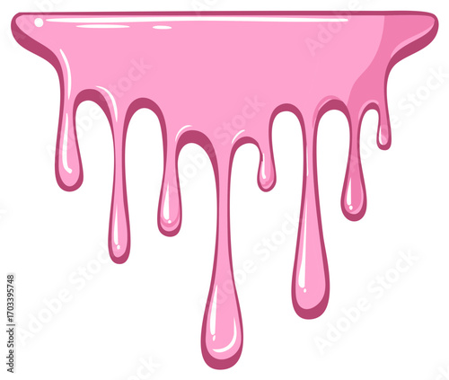 Cartoon illustration of dripping pink slime with reflection on white background, sweet liquid material element