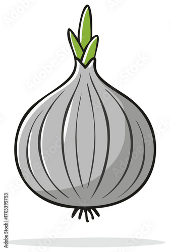Stylized cartoon illustration of a whole gray onion with green sprouts on a white background