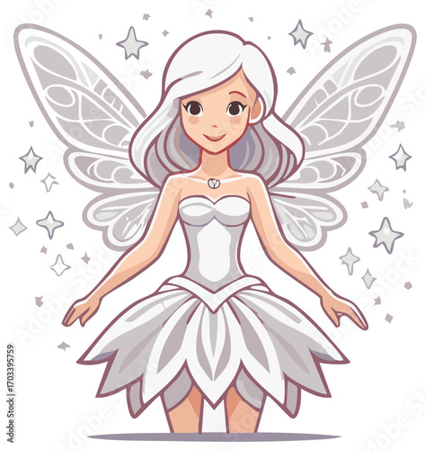 Delicate Fairytale Fairy with Wings and Stars, Magic Maiden Cartoon Character