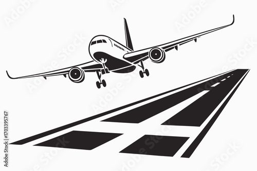 Airplane Landing on Runway Vector Illustration.