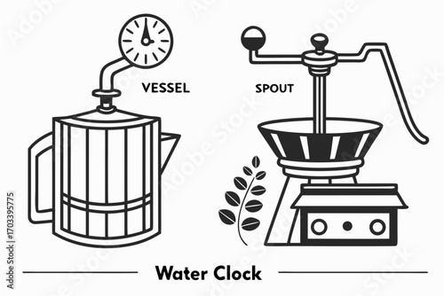 Ancient Water Clock Mechanism Illustration.