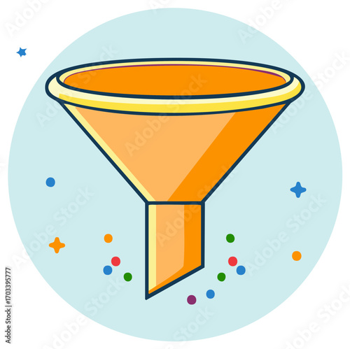 Funnel filter with confetti, illustration, cartoon style, data filtering icon