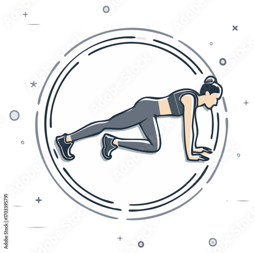 Dynamic illustration of a woman doing mountain climber exercise for fitness and core strength workout