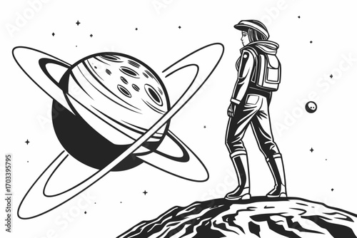 Astronaut standing on alien planet looking at Saturn.
