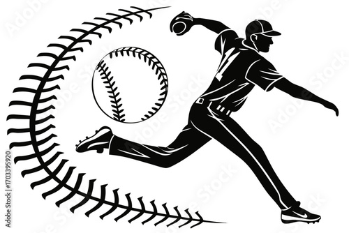 Baseball Pitcher Throwing Ball with Stitching Swirl.