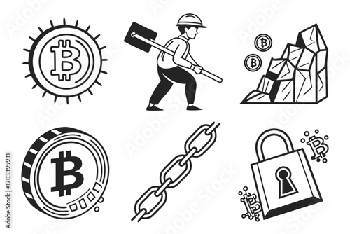 Bitcoin Mining Blockchain Security and Cryptocurrency Icons.