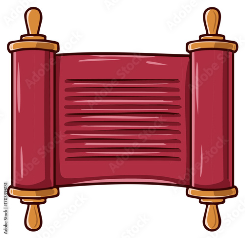 Ancient open red parchment scroll with blank text lines and golden handles cartoon illustration