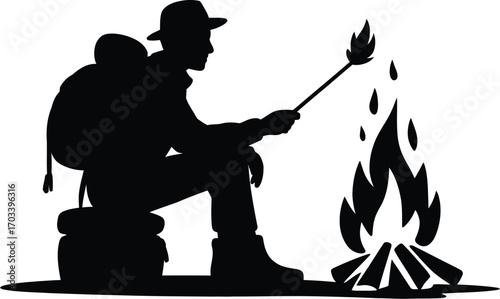 Hiker roasting marshmallow over campfire silhouette